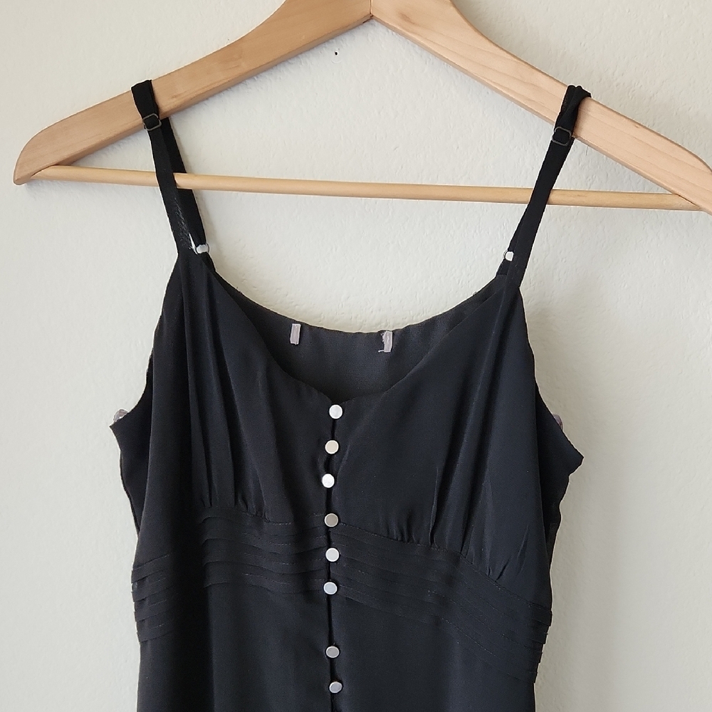 Black Slip Dress Camisole Straps High Low Hem silver tone buttons Pleated Waist - Picture 3 of 16